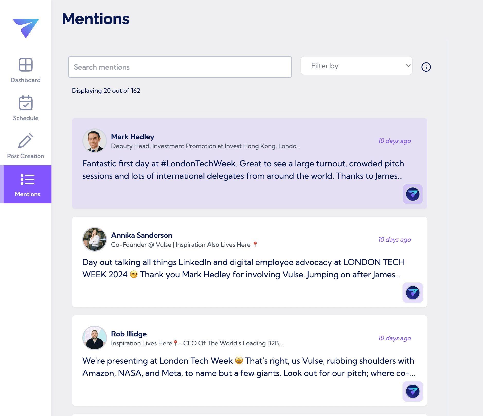 Vulse Brand Mentions - Company Page Feed