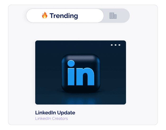 Vulse dashboard showing Vulse trending news card with a 'Trending' toggle showing a LinkedIn app icon and a 'LinkedIn Update' news item from LinkedIn Creatorstrending news section.