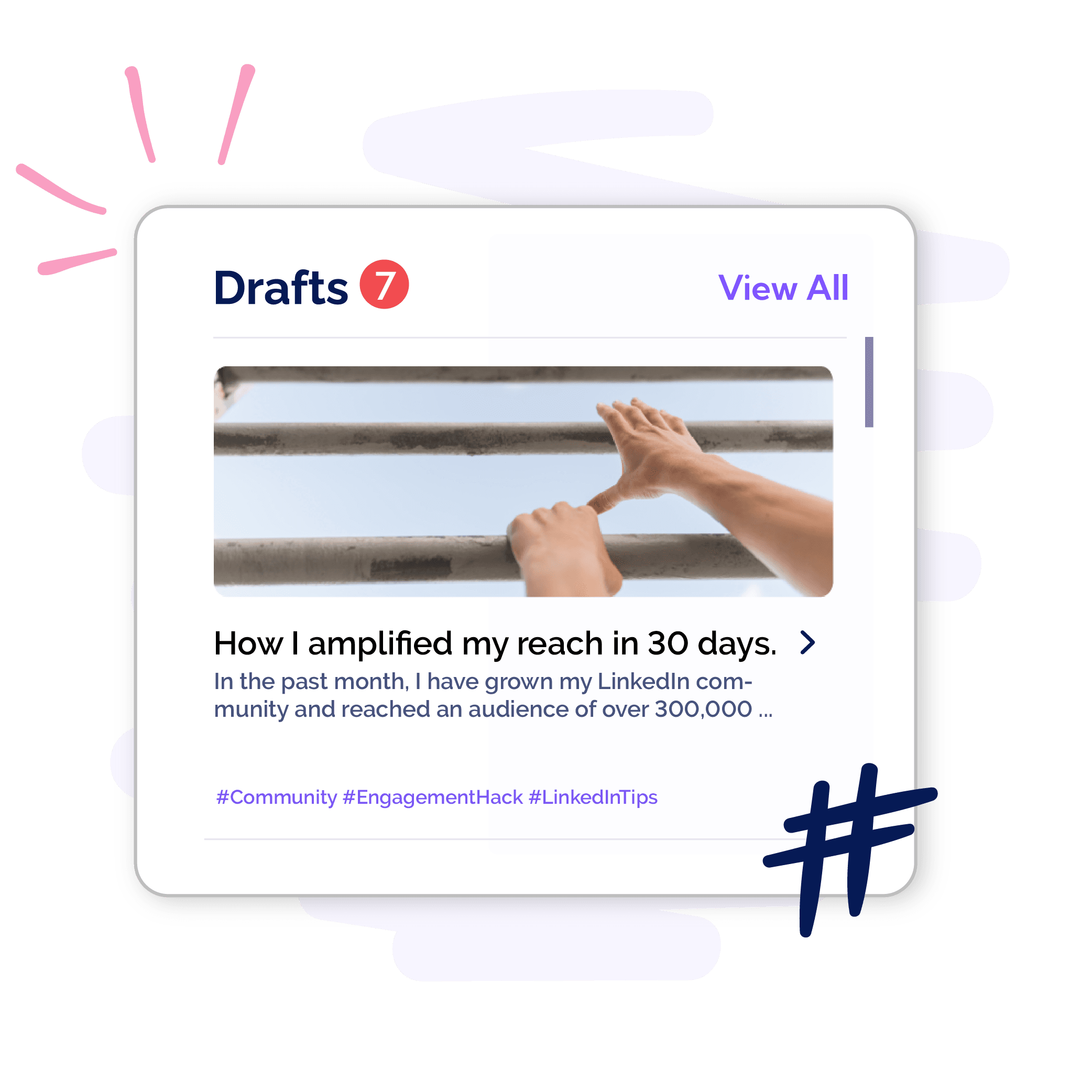 Drafts section on Vulse dashboard showing preview of written text and accompanying image for a LinkedIn post.