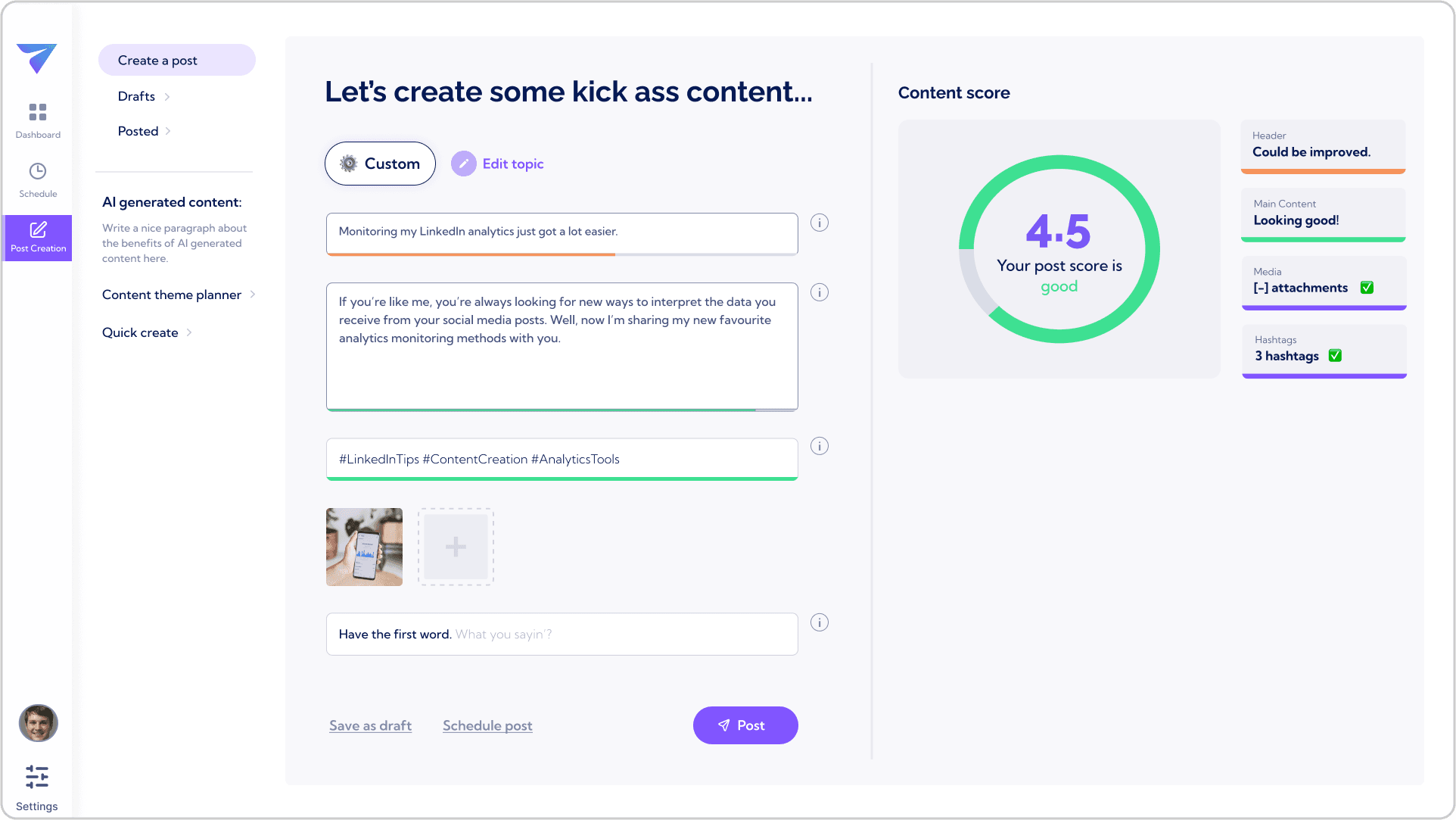 Create a post section on Vulse where user can create their content and get a score on how it could perform